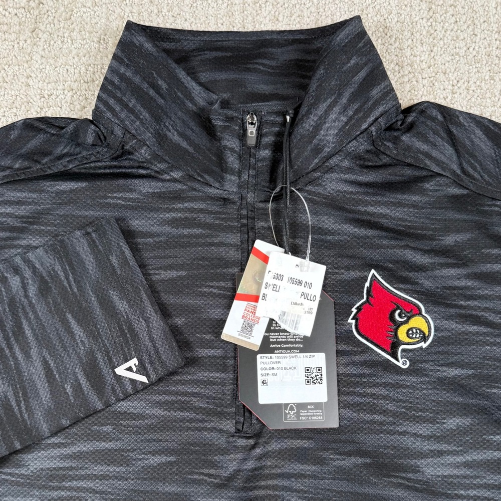 NEW Antigua Mens Small Louisville Cardinals Black Swell 1/4 Zip Pullover